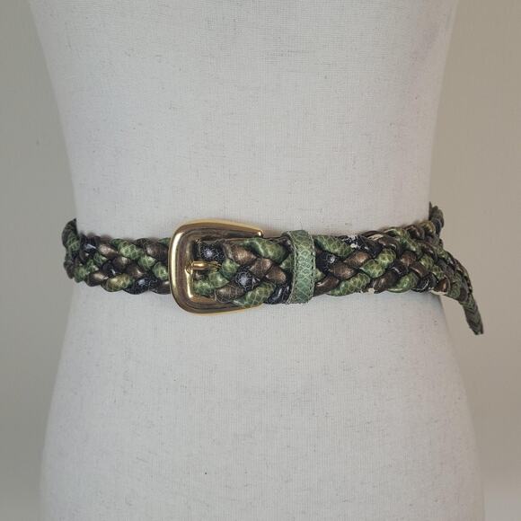 VTG Green Brown Leather Belt XL Braided Snake Print Gold Tone Buckle Colorful main image 5